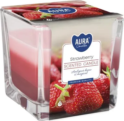 Zdjęcie produktu dla Świeca zapachowa w szkle trójkolorowa BISPOL Aura 32H TRUSKAWKA