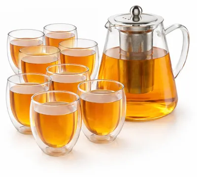 Produktbild von Arendo Teekanne Glas 1,2 l, Edelstahlsieb und 4 Thermogläsern 450 ml, doppelwandige Gläser ohne Henkel, aus Borosilikatglas, Glaskanne, 6 Teile, transparent-silber