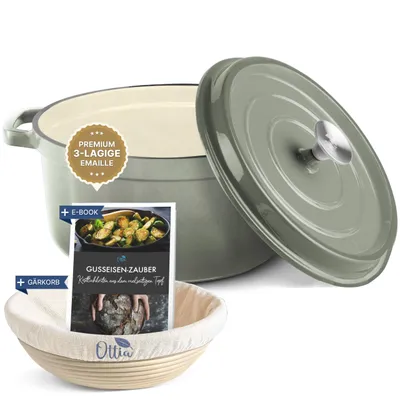 Produktbild von Ottia Gusseisen Topf Emaille, 26cm groß, 5 Liter. Bräter, Cocotte, Schmortopf mit Deckel, für Induktion, alle Herde, Ofen, emailliert, Brottopf