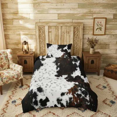 Productafbeelding van Beddengoedset, runderlederprint, boerderijdierenhuid, 155x220 cm, microvezel, meerkleurig, 2-delig