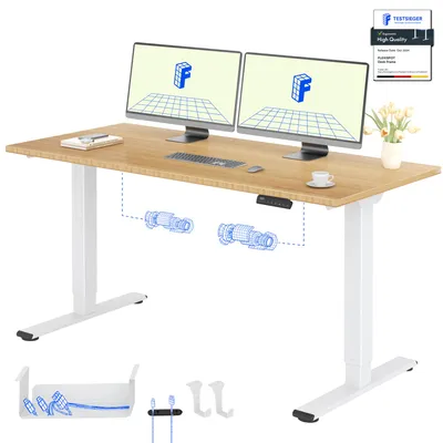 Produktbild von FLEXISPOT Höhenverstellbarer Schreibtisch 160x80cm, Bambus-Tischplatte, 2 starke Motoren, 120 kg Tragkraft, 4 Speicherplätze, Premium-Zubehör-Set Weiß