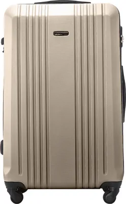 A champagne-colored suitcase is shown against a white background.