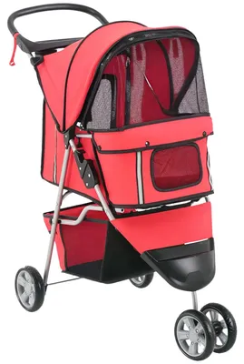 Image de Poussette pour chiens et chats - Pliable - Pour animaux de compagnie jusqu'à 10 kg - Avec rembourrage - Fenêtres en filet - Rouge