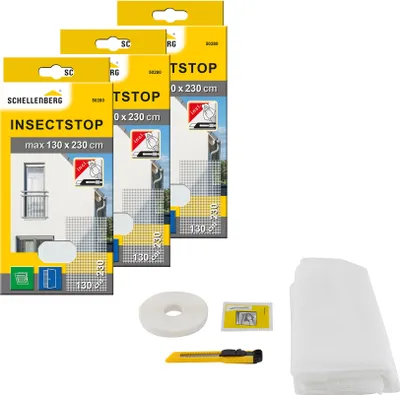 Produktbild von Schellenberg 3er Pack 50280 Fliegengitter für bodentiefe Fenster oder Türen, extragroßes Insektenschutz ohne bohren, 130 x 230 cm, weiß