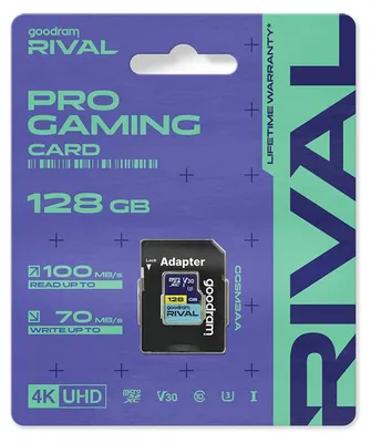 Imagen del producto de Tarjeta MicroSD Goodram TGD-GGSM3AA1280R12, serie Rival, 128 GB, V30 UHS-I U3, con adaptador