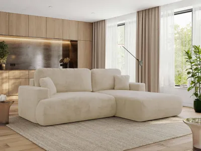 Produktbild von MKS MEBLE Ecksofa OVO mit Schlaffunktion und Bettkasten, Creme Plüsch, L-form Couch, 4-Sitzer Ecksofa, 271x195x95 cm - Rechts Seite