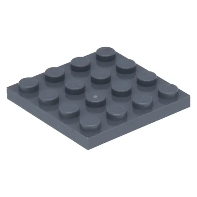 A single dark gray LEGO baseplate with 16 studs is shown from a diagonal angle against a white background.