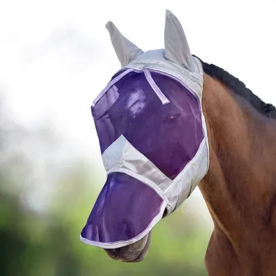 Productafbeelding van Paardenmasker vliegenmasker - Volgelaatsmasker met lange neus en oren - Zilver en paars - Large