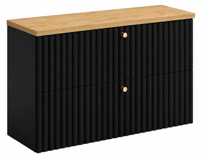 Immagine prodotto di Mobile sospeso per bagno con piano 80, colore nero + piano in legno effetto rovere "Craft", maniglie disponibili in tre colori, dimensioni 80 x 44,4 x 58,6 cm, Immagine generata dall'IA