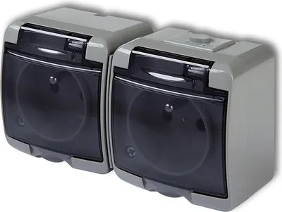 Zdjęcie produktu dla Gniazdko Podwójne Elektryczne Hermetyczne Ścienne Natynkowe z Bolcem IP54 KARLIK Popielate