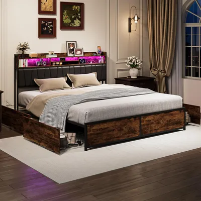 Produktbild von UnboxG Polsterbetten 180x200 cm mit 4 Schubladen, Stauraumkopfteil, LED, USB & Type-C-Anschluss, Metallrahmen in Vintage-Holzoptik, Schwarz