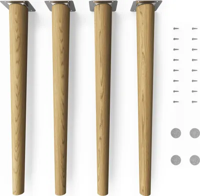 Four wooden furniture legs with metal mounting plates and screws are arranged on a white background.