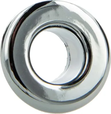 A close-up, studio shot of a chrome-plated overflow cover ring for a sink.