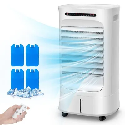 Zdjęcie produktu dla Klimatyzator przenośny COSTWAY 4w1 66W, zbiornik 10L z pilotem, 3 poziomy, 15H, timer i 2 baterie chłodzące, chłodnica powietrza, oczyszczacz powietrza, nawilżacz, biały