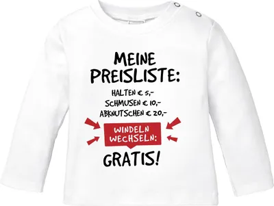 Produktbild von Baby Langarmshirt mit Spruch lustig meine Preisliste Baumwolle Babyshirt Jungen Mädchen Moonworks® weiß 68/74 (4-9 Monate)