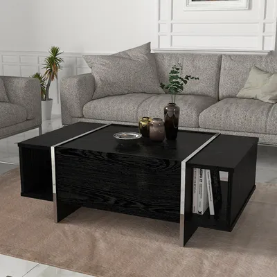 Zdjęcie produktu dla Stolik kawowy 'Tavak' Stolik do salonu 104x60x38 cm z 1 schowkiem i 2 otwartymi schowkami czarny/srebrny