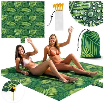 Produktbild von Palm Paradise Strandmatte 220x194 cm Wasserdicht & Sandfrei – Große Picknickdecke Faltbar Leicht mit Tragetasche & 4 Heringen - Grün
