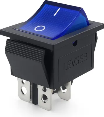 A single blue and black illuminated rocker switch with silver terminals, shown from a slightly elevated diagonal angle.