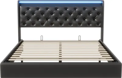 Zdjęcie produktu dla UnboxG łóżko tapicerowane 160x200cm z USB i Type-C, podwójne łóżko młodzieżowe z LED, hydrauliczne łóżko sprężynowe ze stelażem listwowym, PU, czarne