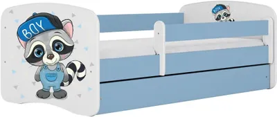 Produktbild von Babybett in Blau, 80 x 180 cm, mit Schublade, Matratze und Waschbärmotiv