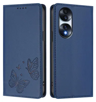 Obrázek produktu pro Kožené pouzdro pro Honor 70, motýlí ražbou, peněženkové flip pouzdro se stojánkem Tmavě modrá