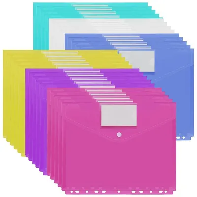 Immagine prodotto di Custodie per documenti A4 con chiusura a bottone, confezione da 30 pezzi, trasparenti, con 11 fori, in PP, disponibili in 6 colori