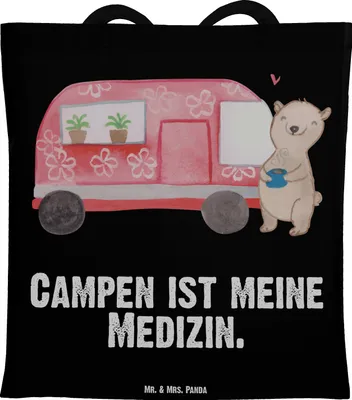 Produktbild von Mr. & Mrs. Panda Baumwolltasche Bär Camper - Schwarz - Geschenk, Wohnmobil, Shopping Tasche, Tote Bag, Campingplatz, Campen, Zelten, Jutebeutel, Tragetasche, Urlaub
