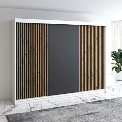 Produktbild von Schwebetürenschrank, 3-türig Schrank mit 4 Schubladen, und 3D-Lamellen Premum! Moderne Garderobe für Kleidung. Verschiedene Farben (Weiß, Schwarz, Somona) Kleiderschrank IOSA 200 cm