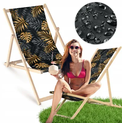Produktbild von Liegestuhl klappbar aus Holz mit Grau-Gold Blatt-Motiv – Klappstuhl Klappliege Sonnenstuhl Strandstuhl Gartenliege