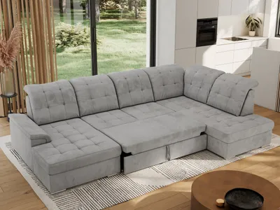 Produktbild von MKS MEBLE Ecksofa Wohnlandschaft U-Form, Sofa mit Schlaffunktion, Schlafsofa mit bettkasten, Couch mit Schlaffunktion - Hellgrau Velvet - Madrito U - rechts