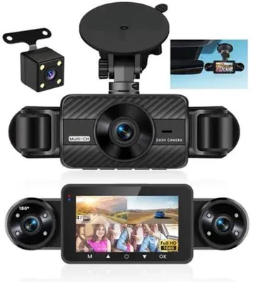 Productafbeelding van Dashcam voor auto, 4 kanalen, voor/achter, 1080p, autocamera met 64 GB SD-kaart, 3 inch IPS-display, groothoek, nachtzicht IR 8, G-sensor, dashcam auto met lusopname