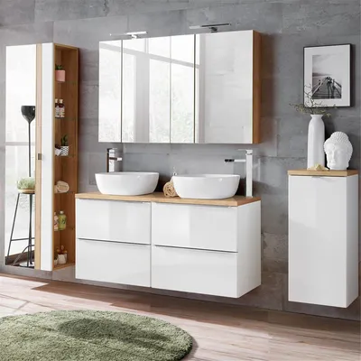 Produktbild von Badmöbel Set Hochglanz weiß & Wotaneiche TOSKANA-56 mit Waschtisch inkl. Keramik-Waschbecken, LED-Spiegelschrank und Wäschesammler,