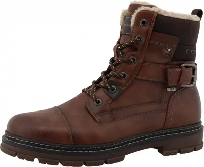 A single brown winter boot is shown against a white background.