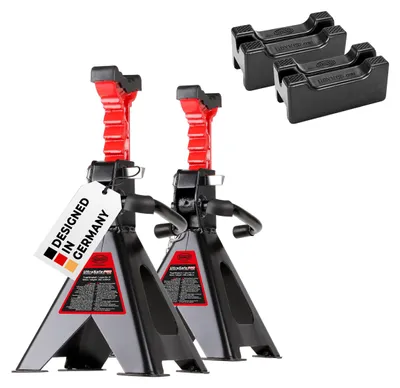 Produktbild von HEYNER® Unterstellbock 2er Set mit Gummiauflage und verstärkter 3in1 Gummiauflage Hubhöhe 282-430 mm Traglast 2t Stützbock Stützfuß 10-Fach Höhenverstellbar