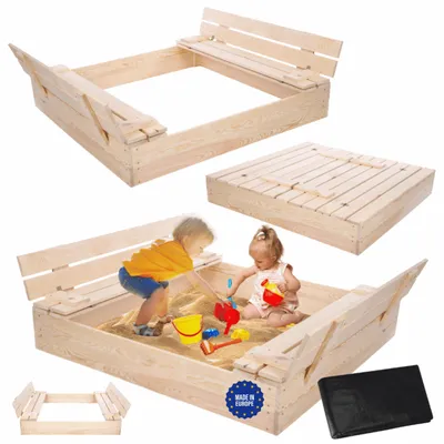 Produktbild von MODO24 Sandkasten Holz, mit Deckel, Sitzbänken, Holzsandkasten, Kinder Gartenspielzeug, Outdoor, 120x117 cm, Natur unbehandelt, PIA