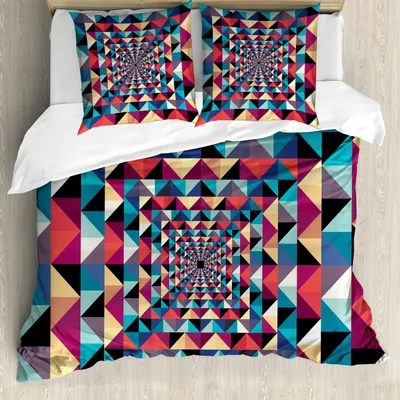 Produktbild von ABAKUHAUS zeitgenössisch Bettbezug Set, Moderner Art Sichtpatchwork Effekt mit buntem Retro Zusammensetzungs Druck, 155 x 220 cm + 80 x 80 cm, Mehrfarbig