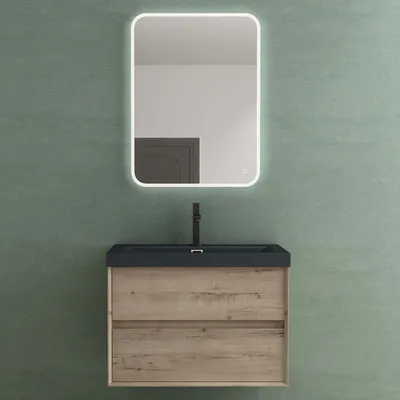 Produktbild von Mai & Mai Badmöbelset Badezimmermöbel Waschbeckenunterschrank 2 Schubladen mit Soft-Close inkl. Waschbecken und LED-Badspiegel Eiche Greige 76,5 cm Rimo