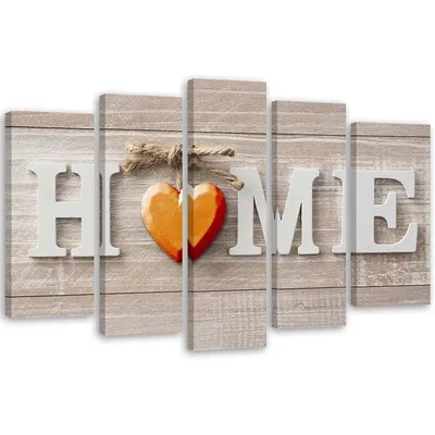 Produktbild von 5-teiliges leinwandbild home-schriftzug mit orangefarbenem herz auf hellen tafeln 100x70 cm Feeby orange wandbild bereit zum aufhängen