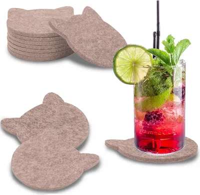 Produktbild von wortek Filz Untersetzer - Deko Tischset I Filzdeckel für Getränke, Tassen, Bar & Tisch, 8er Set I 10cm I Katzenform, Beige