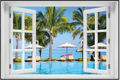 Produktbild von Wallario Wandbild mit Fenster-Illusion: Sonnenschirme am Südsee-Palmenstrand mit blauem Meer-Wasser, Größe: 61 x 91,5 cm, Poster mit schwarzem Aluminiumrahmen