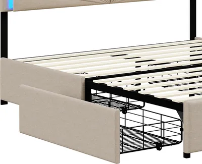 Obrázok produktu pre Čalúnená posteľ 160 x 200 cm, posteľ s LED osvetlením, lamelový rošt, nastaviteľné čelo, 4 zásuvky, úložné priestory, posteľná bielizeň, posteľ pre mladých, béžová