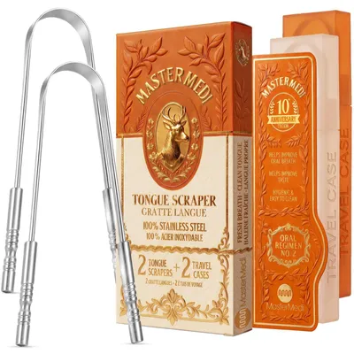 Immagine prodotto di Raschietto per lingua - Set da 2 - Acciaio inox - Con custodia da viaggio - Adulti