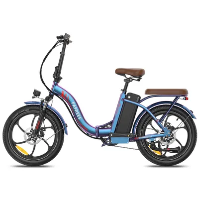 A blue electric folding bicycle is shown against a white background.