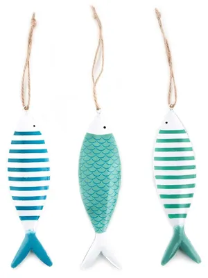 Produktbild von Maritime Fisch Anhänger aus Metall in 15 cm - blau türkis weiß - 3 Stück zum Aufhängen6 Stück