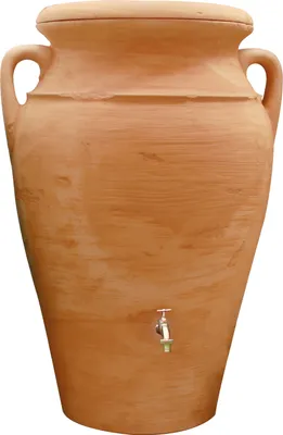 A terracotta amphora rain barrel with a spigot.