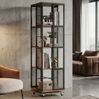 Produktbild von Bücherregal HWC-P13, Standregal Drehregal, Rollen drehbar, Metall Industrial Melamin MVG 147x40x40cm braun