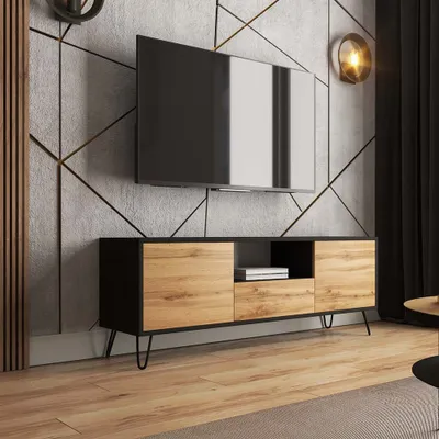 Produktbild von Selsey TV-Lowboard PLOYSTEA - TV-Schrank in Schwarz / Wotan Eiche mit offenem Fach und 3 geschlossenen Fächern, modern, 137 cm breit