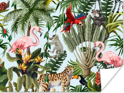 Produktbild von MuchoWow® Poster Dschungel - Tiere - Mädchen - Kinder - Jungen - Flamingo - Papagei 80x60 cm - Kunst für zu Hause
