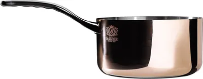 A copper saucepan with a black handle against a white background.