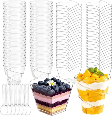 Zdjęcie produktu dla Pucharki do deseru 160 ml, 100 sztuk, plastikowe, z łyżeczką, na impreza